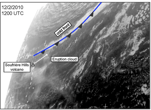 Meteosat SEVIRI Channel 7 (8.3-9.1?m infrared, available from www.sat.dundee.ac.uk) shows the ash plume from the eruption was caught up within the warm sector of a frontal system spreading in a northeasterly direction (picture) towards Western Europ